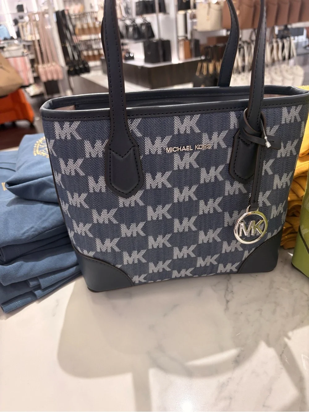 Michael Kors Eva crossbody blue Monogram MK Tote denim with strap new tag